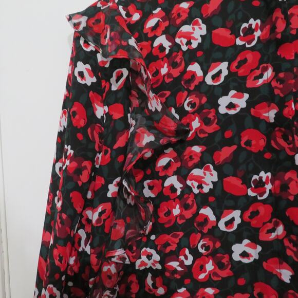 Lauren Ralph Lauren Women Sz L Red Black Floral Ruffle Long Sleeve Button Down - Picture 4 of 9